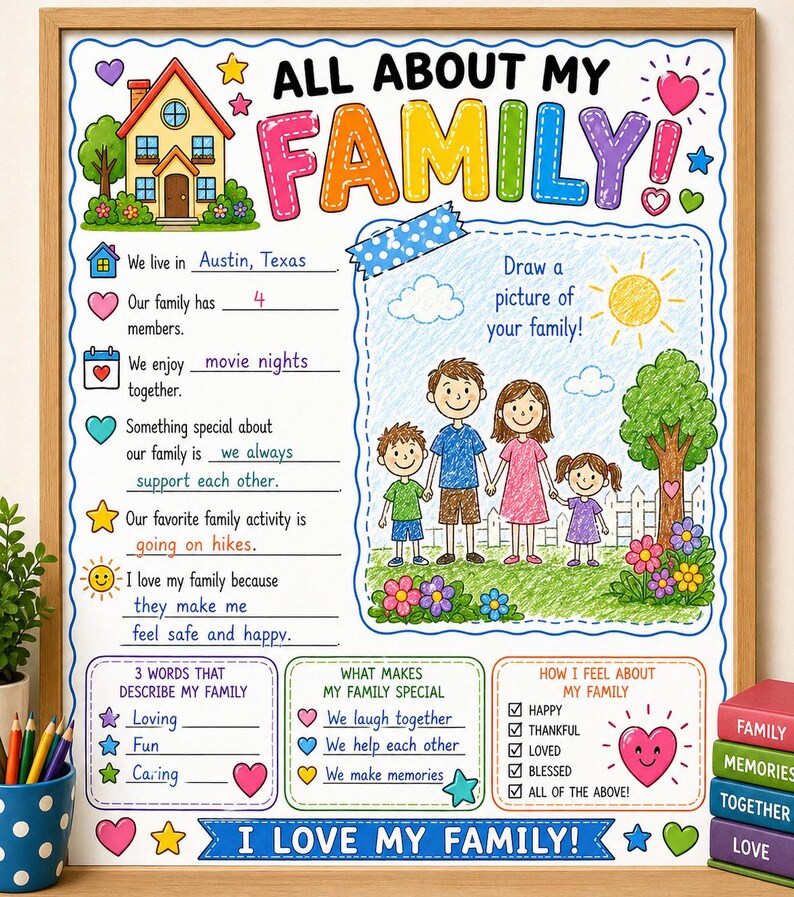 A colorful All About My Family activity poster in a wooden frame. The sheet features fill-in-the-blank sections, a drawing area with a crayon-style illustration of a family of four, and checkboxes for feelings, all decorated with hearts, stars, and a house.
