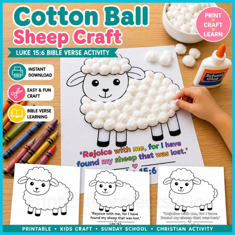 Cotton Ball Sheep Craft Printable Luke 15:6 Bible Verse Activity…