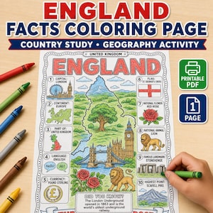 Peut inclure: Une page de coloriage éducative sur l'Angleterre avec une carte, des illustrations de Big Ben, du Tower Bridge, d'un lion, d'une rose rouge et de Stonehenge. La page contient des faits numérotés sur la capitale, le drapeau et la monnaie.