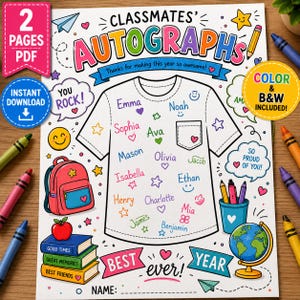 Könnte beinhalten: Ein druckbares Aktivitätsblatt mit dem Titel Classmates' Autographs, das eine zentrale T-Shirt-Illustration zeigt, umgeben von bunten Kritzeleien wie einem Rucksack, Büchern, einem Globus und Sprechblasen mit Texten wie You Rock und Best Year Ever.