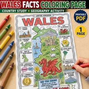 May include: A Wales facts colouring page featuring a map of Wales, a red dragon, a castle, a daffodil, and a leek. The sheet includes ten numbered sections with facts about the capital, continent, language, currency, and landmarks, alongside coloured crayons.