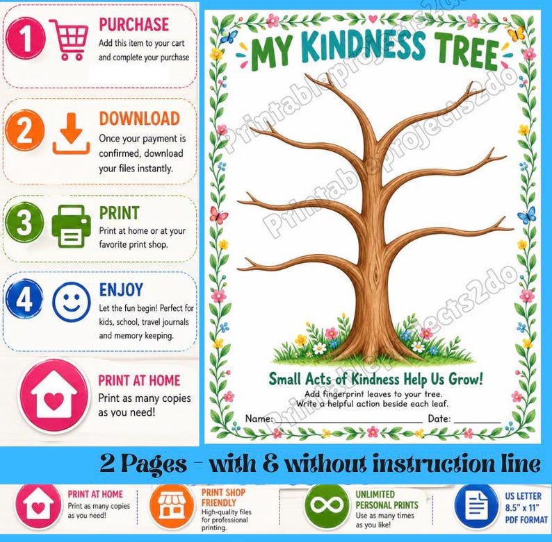 Kindness Tree Fingerprint Craft Printable, Acts of Kindness Activity ...