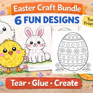 May include: An Easter craft bundle featuring six designs, including a chick, bunny, and decorated eggs. The image includes the text "Easter Craft Bundle," "6 FUN DESIGNS," "Toddler Friendly," and "Tear • Glue • Create."