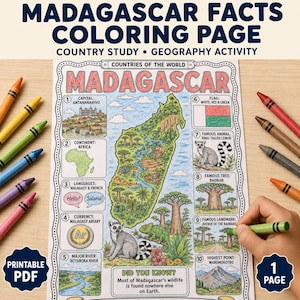 Op de afbeelding: Een kleurplaat met feiten over Madagaskar, voorzien van een centrale kaart van het eiland en tien genummerde secties met informatie over de hoofdstad, het continent, talen, valuta, rivier, vlag, maki, baobab, bezienswaardigheid en hoogste punt.