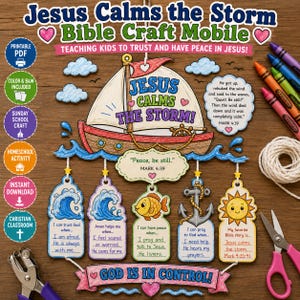 May include: A DIY Bible craft mobile kit titled Jesus Calms the Storm, featuring a central sailboat, five hanging tags with text and illustrations of waves, a fish, an anchor, and a sun, plus crayons, string, and a hole puncher.