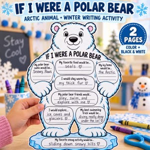 May include: A polar bear-shaped writing activity sheet titled If I Were A Polar Bear. The white bear graphic features fill-in-the-blank prompts about Arctic life, including favorite food, home, and activities, with handwritten text in black ink.