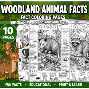 Può includere: Un set di 10 pagine da colorare con curiosità sugli animali del bosco, con illustrazioni in bianco e nero di opossum, puzzola e procione. Ogni pagina include testi educativi, fatti numerati e disegni dettagliati degli animali nel loro habitat.