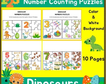 Dinosaur Math Puzzles: Counting Activity, Number Recognition (PDF Download)
