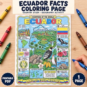 May include: An educational coloring page titled Ecuador Facts featuring a central map of Ecuador surrounded by ten numbered sections detailing facts about the country, including the capital, flag, national bird, currency, and geography with colorful illustrations.