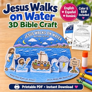 Op de afbeelding: Een 3D-papieren knutselset getiteld Jesus Walks on Water met een kleurrijke scène met Jezus, een boot, golven en een onweerswolk. De set bevat printbare sjablonen in het Engels, Spaans en Roemeens, in kleur en in zwart-wit.