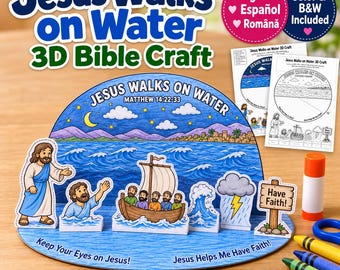 May include: A 3D paper craft kit titled Jesus Walks on Water featuring a colourful scene with Jesus, a boat, waves, and a storm cloud. The set includes printable templates in English, Spanish, and Romanian, with colour and black and white options.