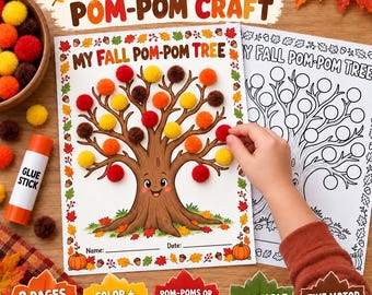 Puede incluir: Una hoja de actividades de manualidades con un árbol de otoño ilustrado con cara sonriente, decorado con pompones rojos, naranjas, amarillos y marrones. La página incluye el texto My Fall Pom-Pom Tree, una línea para nombre y fecha, y un borde de hojas y bellotas.