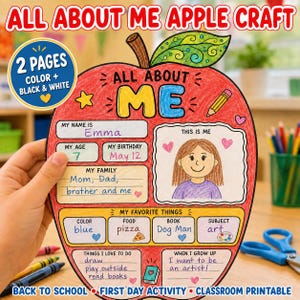 Può includere: Un'attività di bricolage in carta a forma di mela intitolata All About Me Apple Craft. La mela rossa presenta sezioni per dettagli personali come nome, età, compleanno, famiglia, cose preferite e obiettivi futuri, con spazio per un autoritratto.