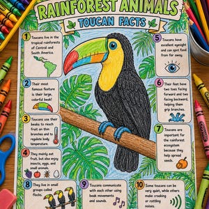 A colorful educational poster titled Rainforest Animals Toucan Facts featuring a central illustration of a toucan perched on a branch. The poster includes ten numbered text boxes with facts about toucans, surrounded by green leaf drawings.
