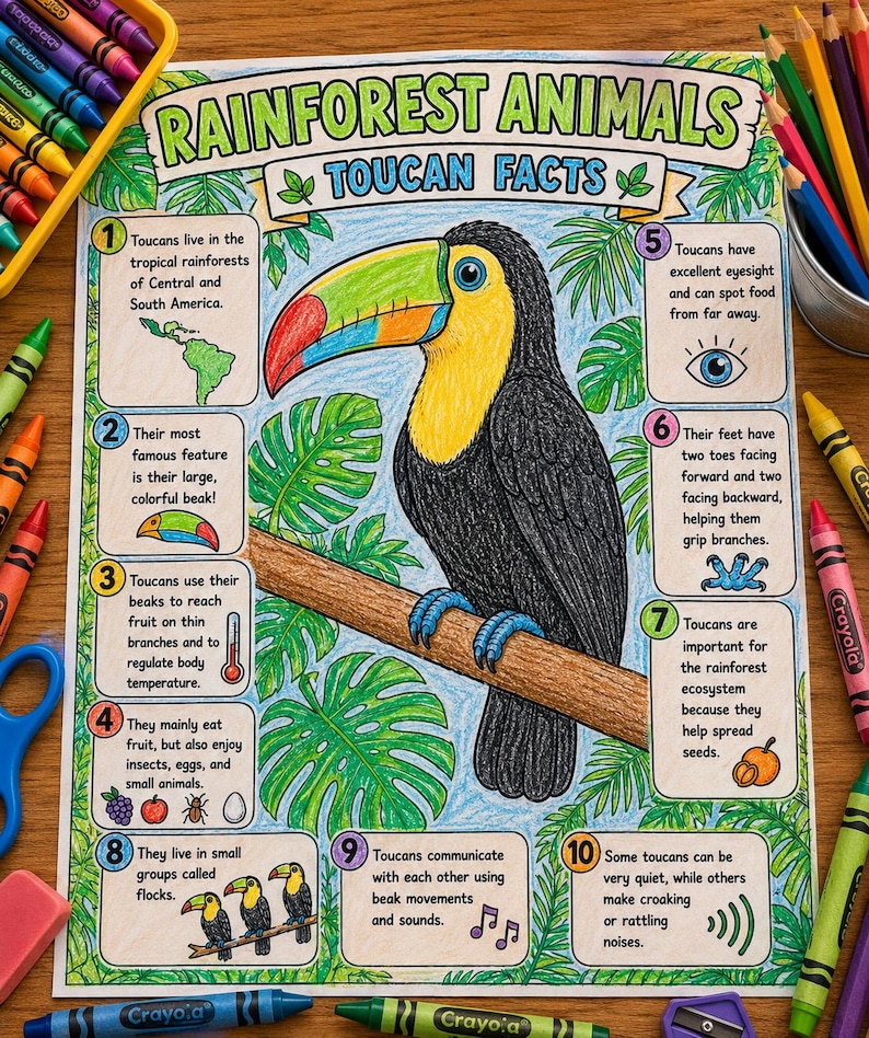 A colorful educational poster titled Rainforest Animals Toucan Facts featuring a central illustration of a toucan perched on a branch. The poster includes ten numbered text boxes with facts about toucans, surrounded by green leaf drawings.
