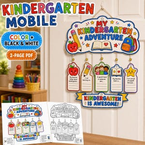 Pode incluir: Um kit de móbile para jardim de infância com uma placa grande intitulada My Kindergarten Adventure com ilustrações de lápis, maçã, livro e mochila. Cinco etiquetas penduradas incluem espaços para escrita e gráficos escolares.