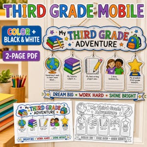 Può includere: Un set di attività scolastiche stampabili intitolato My Third Grade Adventure che include un cartello appeso con materiale scolastico, cinque schede con domande per gli studenti e due fogli in versione a colori e in bianco e nero.