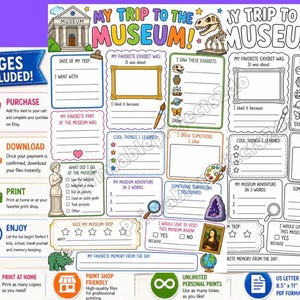 A printable museum trip journal with fill-in sections for dates, exhibits, and favorite memories. Includes prompts for drawings and notes, with a dinosaur graphic and the text "MY TRIP TO THE MUSEUM!"