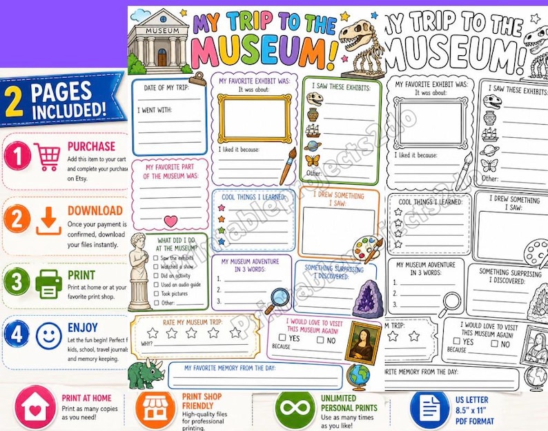 A printable museum trip journal with fill-in sections for dates, exhibits, and favorite memories. Includes prompts for drawings and notes, with a dinosaur graphic and the text "MY TRIP TO THE MUSEUM!"
