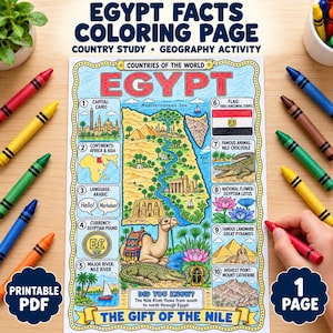 May include: A colourful educational colouring page titled EGYPT FACTS, featuring a map of Egypt, the Nile River, pyramids, a camel, a crocodile, and ten numbered sections detailing facts like the capital, flag, language, currency, and landmarks.
