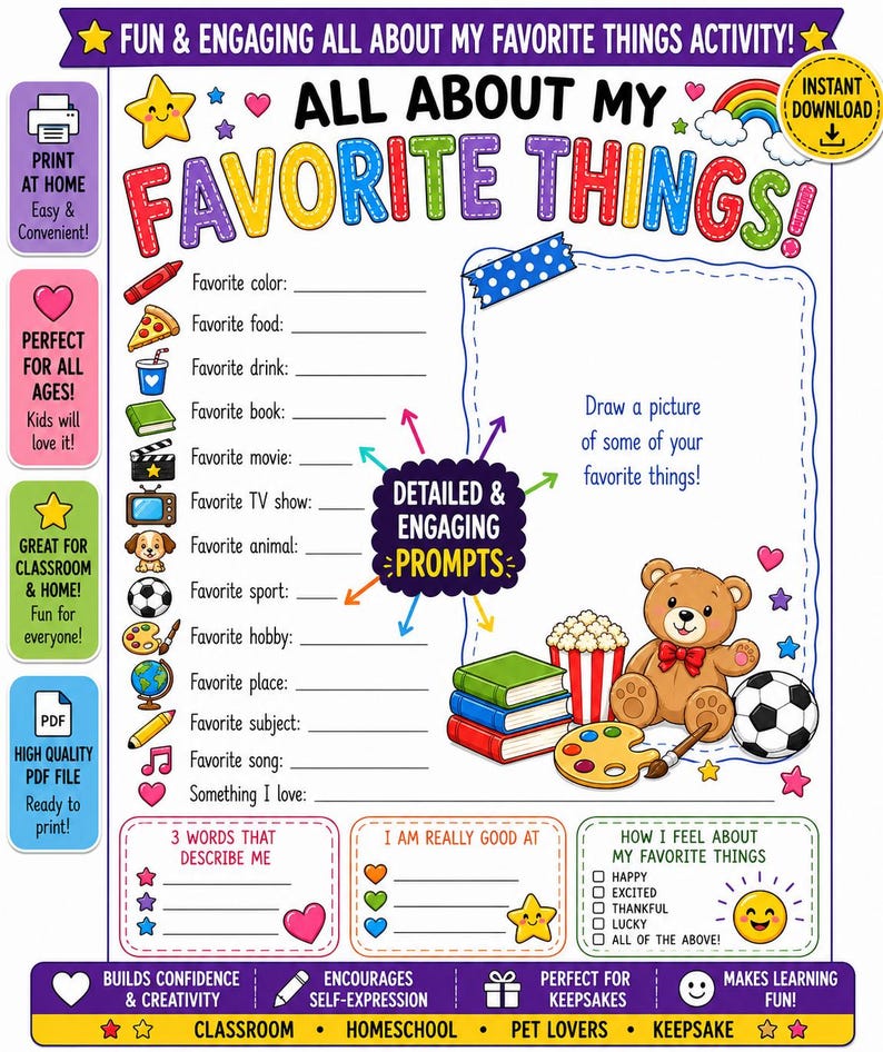 All About My Favorite Things Printable Worksheet, Kids All About Me ...
