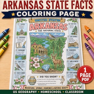 Op de afbeelding: Een educatieve kleurplaat getiteld Arkansas State Facts met een centrale kaart van Arkansas met illustraties van een spotvogel, een hert, appelbloesems en een diamant. De pagina bevat tien genummerde secties met feiten over de staat, een Did You Know-sectie en een decoratieve rand met kleurpotloden aan de zijkanten.