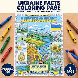 May include: A printable colouring page titled Ukraine Facts featuring a map of Ukraine, illustrations of the national flag, nightingale, sunflower, and St. Sophia's Cathedral, alongside facts about the capital, language, currency, and geography.