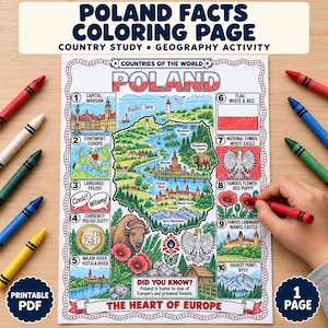 Può includere: Una pagina da colorare con fatti sulla Polonia che presenta una mappa centrale circondata da dieci sezioni numerate che descrivono la geografia, i monumenti e simboli come l'aquila bianca, i papaveri e il castello di Wawel.