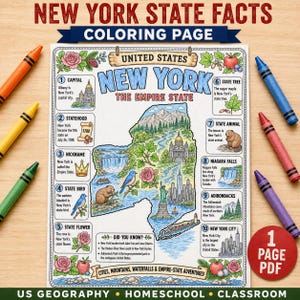 May include: A New York State facts coloring page featuring a map of New York with illustrations of the state bird, flower, tree, animal, Niagara Falls, and the Statue of Liberty, surrounded by ten numbered informational boxes and colored crayons.