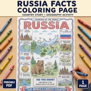 May include: A Russia facts coloring page featuring a map, a brown bear, St. Basil's Cathedral, and ten numbered educational sections. The page includes text about the capital, flag, currency, and geography, surrounded by colorful crayons on a wooden surface.