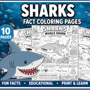 May include: A digital collection of 10 shark fact coloring pages featuring educational illustrations and text. The central page displays a whale shark with numbered facts, scientific name, and conservation status, surrounded by other shark species.