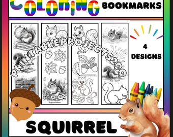 May include: Image of squirrel-themed colouring bookmarks. The design features four different squirrel illustrations, crayons, and the text "COLORING BOOKMARKS" and "SQUIRREL".