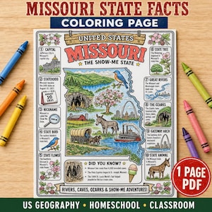 Op de afbeelding: Een kleurplaat met feiten over de Amerikaanse staat Missouri, met een kaart van Missouri en illustraties van de Gateway Arch, een muildier, een raderstoomboot en een blauwe vogel. De pagina bevat tien genummerde secties met tekst over symbolen.