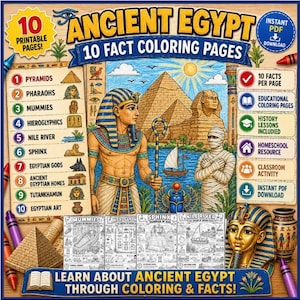 May include: A digital collection of 10 printable Ancient Egypt colouring pages featuring a pharaoh, a mummy, pyramids, and the Sphinx. The set includes educational facts, historical lessons, and a list of topics ranging from hieroglyphics to Tutankhamun.
