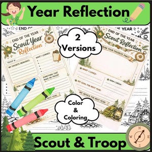 Puede incluir: Una hoja de actividades imprimible "Reflexión del año" para Scouts y Tropas. El diseño incluye dos versiones, con opciones de color y para colorear. La hoja presenta indicaciones para recuerdos, aprendizaje y metas, con un tema de brújula y campamento.