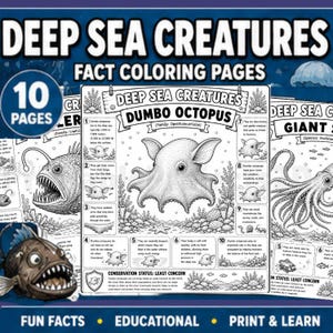 May include: A set of 10 printable coloring pages titled Deep Sea Creatures Fact Coloring Pages. Each page features a black and white line art illustration of a deep sea animal, such as a Dumbo octopus or anglerfish, with educational facts.