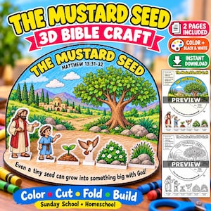 Puede incluir: Un kit de manualidades bíblicas en 3D titulado The Mustard Seed Matthew 13:31-32 que presenta un árbol grande, una figura de Jesús, un niño, un pájaro y plantas. El conjunto incluye dos páginas para imprimir en color o blanco y negro.