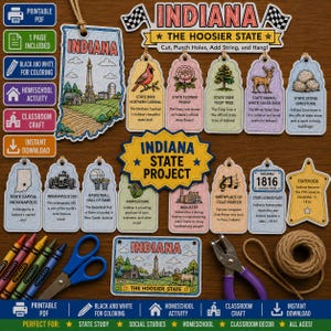 Könnte beinhalten: Ein druckbares Indiana-Staats-Projekt-Bastelset mit verschiedenen illustrierten Anhängern mit Staatssymbolen wie Kardinal, Pfingstrose, Tulpenbaum und Weißwedelhirsch sowie Textetiketten, einem Locher, einer Schere und einer Schnur zur Montage.