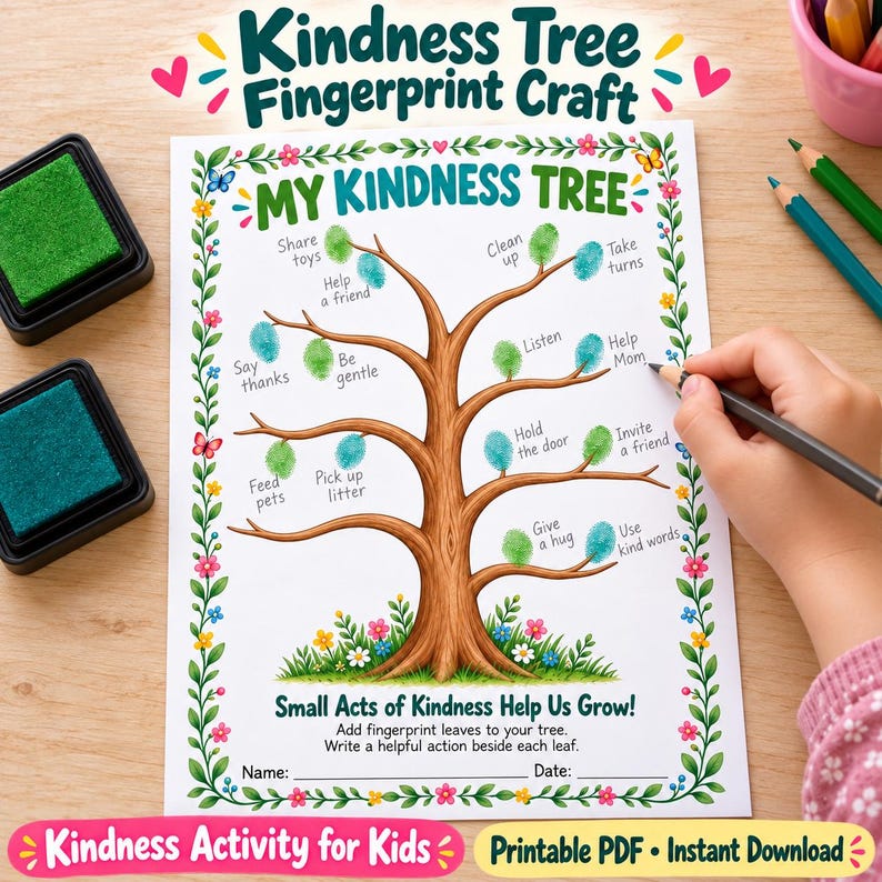 Kindness Tree Fingerprint Craft Printable, Acts of Kindness Activity ...