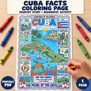 Op de afbeelding: Een kleurplaat met feiten over Cuba, inclusief een kaart, de Cubaanse vlag, nationale symbolen en bezienswaardigheden. De pagina bevat teksten zoals 'CUBA', 'COUNTRIES OF THE WORLD' en 'THE PEARL OF THE ANTILLES', omringd door kleurpotloden.