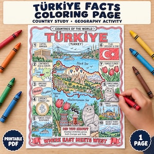 Könnte beinhalten: Eine ausdruckbare Malvorlage mit dem Titel Türkiye Facts, die eine Karte der Türkei zeigt, umgeben von zehn nummerierten Illustrationen wie der Flagge, Tulpen, einer Angorakatze, der Hagia Sophia, dem Berg Ararat und dem Bosporus, mit rotem Stift.
