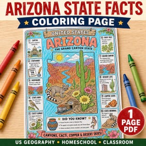 Pode incluir: Uma página para colorir intitulada Arizona The Grand Canyon State apresentando um mapa do Arizona, um cacto saguaro, um bassarisco e dez fatos numerados sobre o estado. A página inclui ilustrações da ave, flor, árvore e cânion estaduais, com giz de cera ao redor.