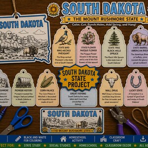 Könnte beinhalten: Ein druckbares Projektset zum US-Bundesstaat South Dakota mit verschiedenen ausschneidbaren Anhängern, die den Mount Rushmore, einen Bison, den Corn Palace und den Devils Tower zeigen. Enthält Textetiketten, einen Locher, eine Schere, Buntstifte und Garn.