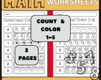 Monster Count and Color Worksheets 1-5, Preschool Math Activity (PDF Download)