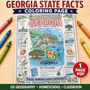 May include: A Georgia state facts colouring page featuring a map of Georgia with illustrations of a brown thrasher, a live oak, peaches, and a whale. The page includes text about state history, symbols, and geography, surrounded by five coloured crayons.