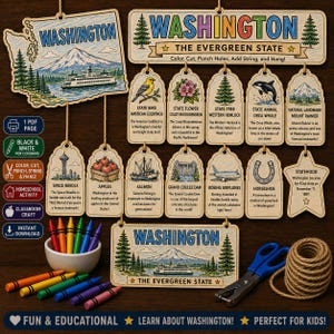 May include: A printable Washington state educational craft set featuring a large map, a banner, and multiple hanging tags with illustrations of the state bird, flower, tree, animal, and landmarks. Includes crayons, scissors, and twine for assembly.