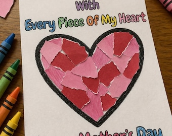 Muttertag Bastelset für Kinder, Taschentuch Schrott zerrissene Papierherz Handwerk bedruckbar, einfache Vorschule Handwerk, Cut & Paste Kit, DIY Geschenk für Mama