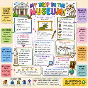 A colorful museum trip activity sheet with the title "My Trip to the Museum!" and dinosaur illustrations. Includes sections for trip details, favorite exhibits, and drawing spaces. Perfect for homeschool and classroom use.