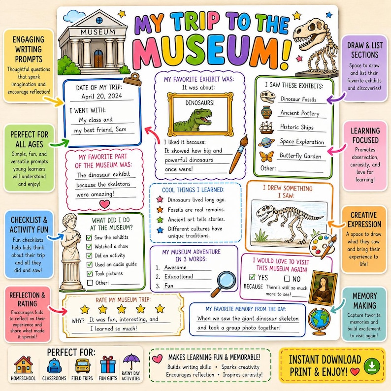 A colorful museum trip activity sheet with the title "My Trip to the Museum!" and dinosaur illustrations. Includes sections for trip details, favorite exhibits, and drawing spaces. Perfect for homeschool and classroom use.