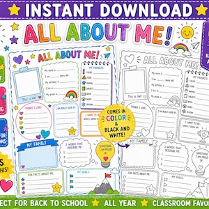 Colorful "All About Me" printable worksheets for kids, featuring fill-in sections for personal details, favorites, and goals. Includes text "Instant Download", "Easy to Print", and "Perfect for Classrooms". Available in color and black and white.